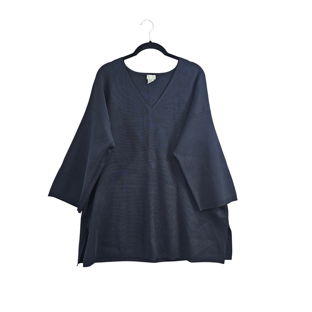 Chico's Relaxed V Neck Top Womens 2 L India Ink Navy Solid Easy Chic Sweater NEW